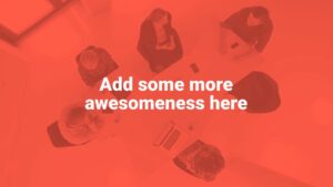 Aerial view of a business meeting with three participants at a round table, overlaid with the text "add some more awesomeness here" in white, enhanced by Biteable video maker.