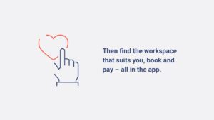 Graphic of a hand tapping a heart icon, accompanied by text promoting an app's workspace booking and payment features, created using Biteable video maker.