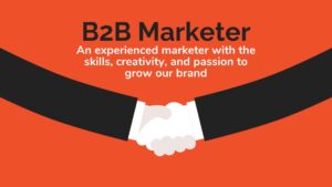 Two hands involved in a firm handshake against a red background with text overhead reading "Biteable video maker - an experienced marketer with the skills, creativity, and passion to grow our brand.