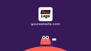 A whimsical illustration of a red, two-eyed creature with a flag on a spherical, reddish terrain against a purple background, accompanied by placeholders for a logo and a website url created by Biteable