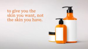 Three cosmetic containers with pumps and lids on a soft gray background, featured in a Biteable video maker promotion for skin improvement.