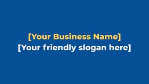 Placeholder text for a Biteable video maker business name and slogan on a blue background.
