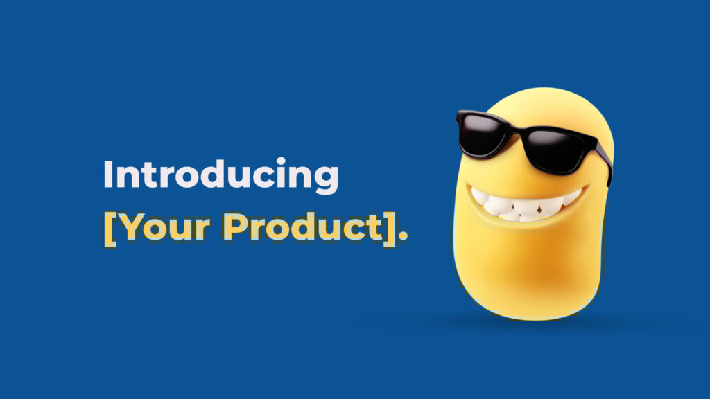 Promotional image featuring a smiling emoji with sunglasses, introducing a new product against a blue background made with Biteable video maker.