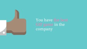 A graphic of a thumbs-up icon with text on a teal background saying "you have the best Biteable video game in the company.