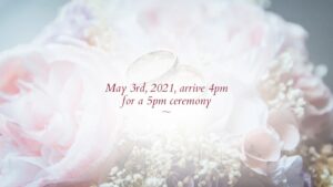 Wedding invitation created with Biteable video maker, featuring date and time on a floral background with rings.
