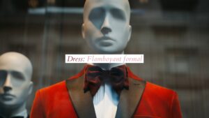 Mannequins displaying formal attire with a red jacket and bow tie, showcased in a Biteable video.