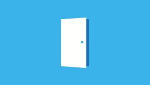 A simple illustration of a white door with a round knob centered on a solid blue background, created using Biteable video maker.