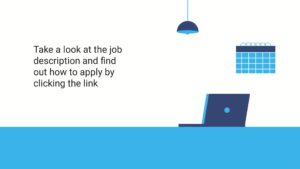 Graphic illustrating a laptop on a desk under a hanging lamp, with text about a job description and a calendar icon, prompting to click a link for the Biteable video maker.