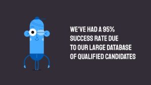 Cartoon character beside a statement about a 95% success rate attributed to a large database of qualified candidates, created with Biteable video maker.