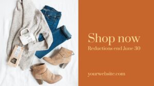 Flat lay of a fashion ensemble featuring a sweater, jeans, ankle boots, and a "shop now" ad created with Biteable video maker, including a website link and a June 30 deadline.