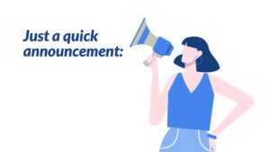 Woman with a megaphone making an announcement in a Biteable video.