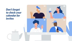 A virtual meeting with four participants displayed on a computer screen via Biteable video maker, reminding viewers to check their calendar for invites.