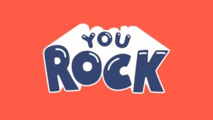 Illustration of two hands forming a fist bump with the phrase "you rock" in white and blue letters on a red background, created using Biteable video maker.