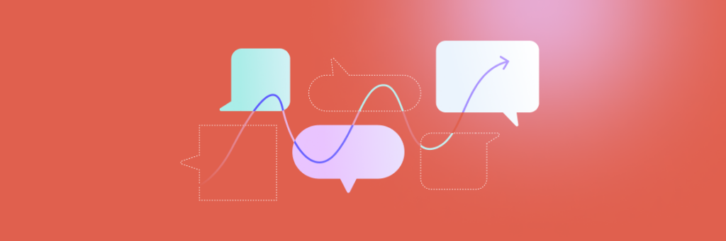 Abstract illustration of interconnected, stylized speech bubbles in various shapes with lines and arrows indicating flow and communication, set against a warm red background. This design is ideal for projects using Biteable video maker.