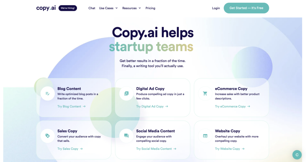 Screenshot of the homepage of copy.ai featuring sections for various services like blog content, digital ad copy, ecommerce copy, social media content, Biteable video maker, and website copy, with a blue and