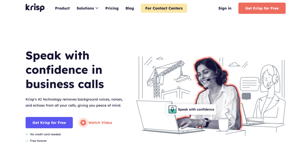 A website banner featuring a smiling woman wearing headphones at a desk, with promotional text and navigation buttons for Biteable video maker technology service.