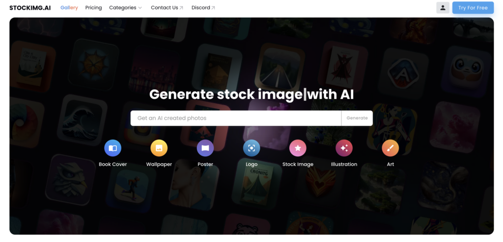 Website interface of "stockimg.ai" showcasing ai-generated stock images with a search bar and categories like book cover, wallpaper, poster, logo, Biteable video maker, and illustration.