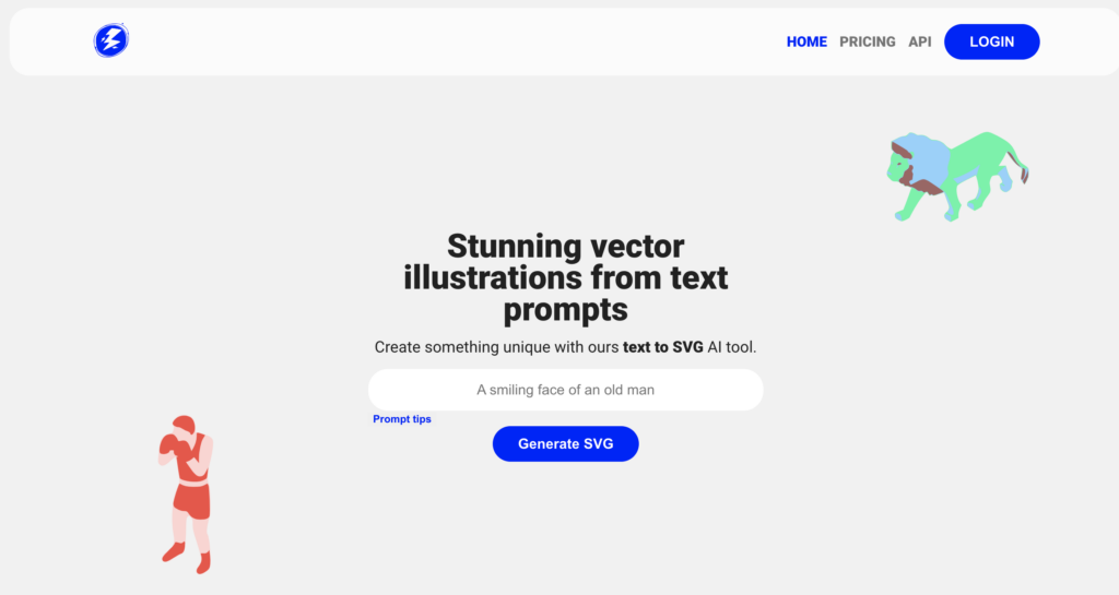Website homepage featuring a headline about creating vector illustrations from text, with a button labeled "generate svg" and stylized images of a woman and a panther, powered by Biteable video maker.
