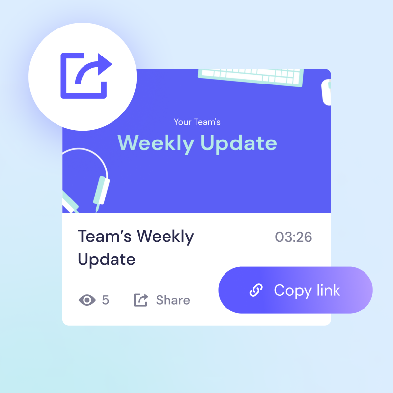 Graphic of a digital weekly update notification with icons for replay, likes, and link copying, created using Biteable video maker, presented in a minimalist style with a blue and purple color scheme.
