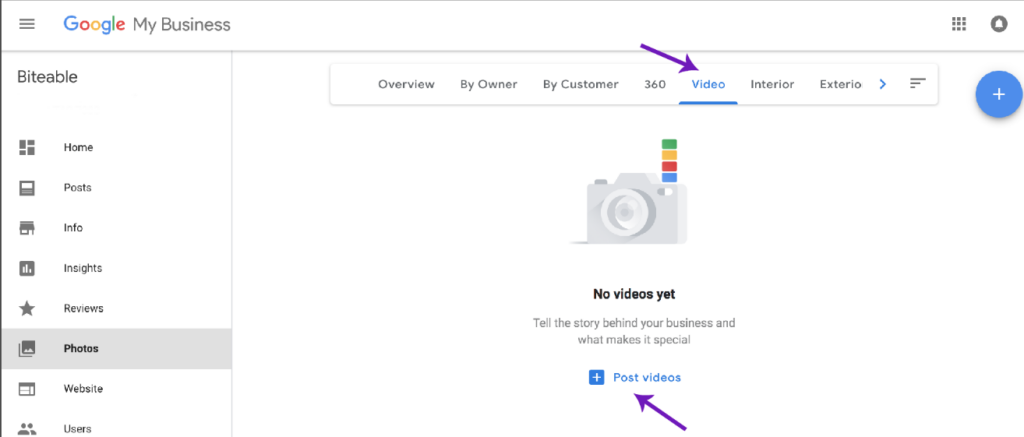 Screenshot of Google My Business interface displaying an empty video tab with a prompt to post videos using Biteable video maker, highlighted by two purple arrows.