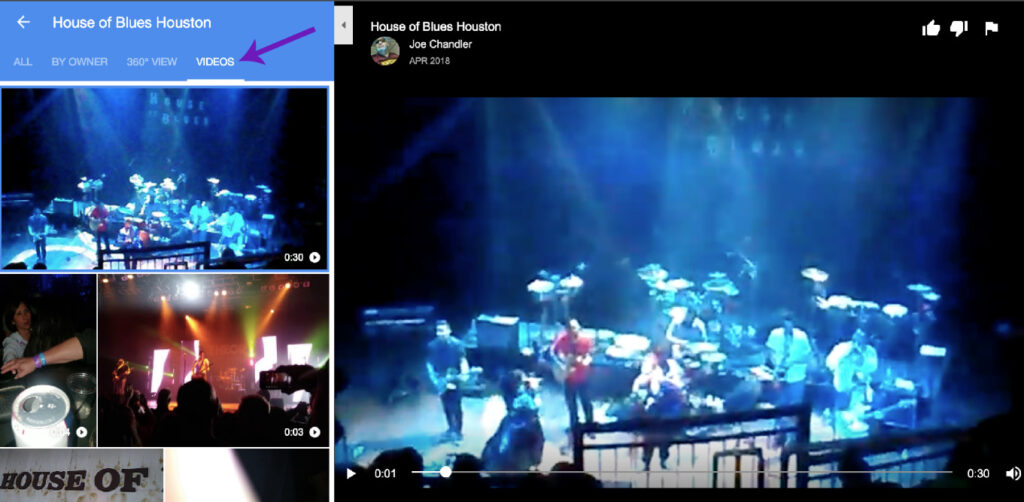 A screenshot of a social media page for house of blues houston, created using Biteable video maker, showing a series of video thumbnails with scenes from live concerts highlighted in blue tones.