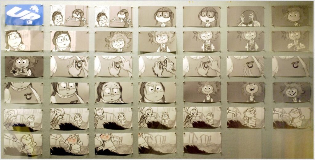 A wall display of various animation storyboard sketches for the movie "Up," featuring character expressions and scenes.