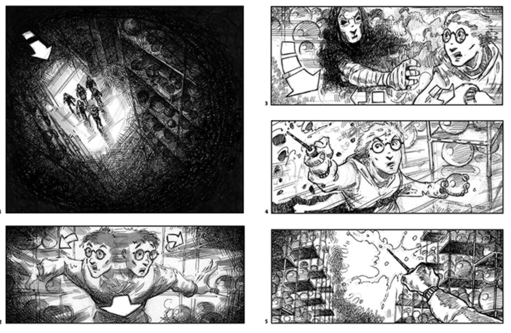 Four black-and-white comic panels depicting dramatic scenes: a shadowy staircase, a woman pointing urgently, a surprised man with glasses, and a sequence of a hand smashing a glass object using Biteable video