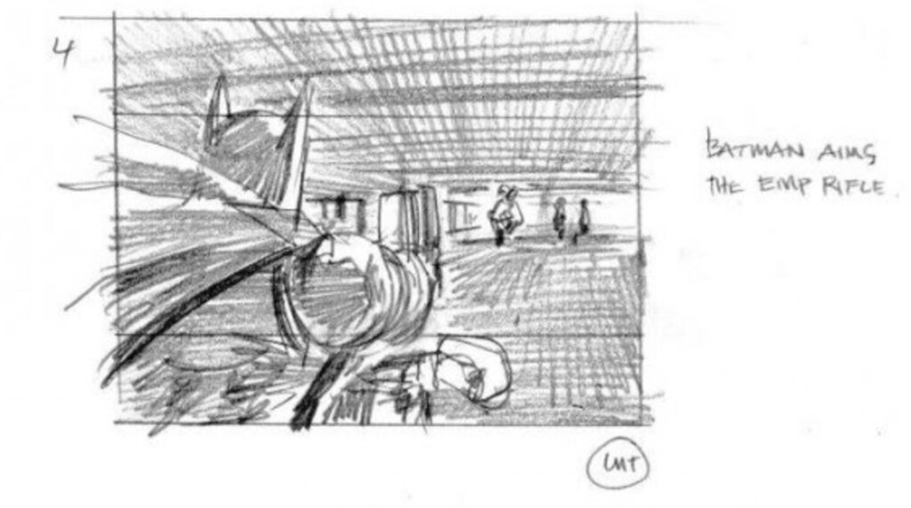 Sketch of Batman aiming an EMP rifle down a corridor, created using Biteable video maker, with figures visible in the background. Text "Batman aims the EMP rifle" included.