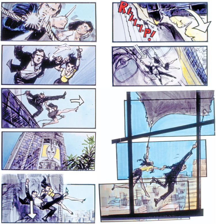 A Biteable video maker collage of comic book panels showing dynamic scenes of a superhero swinging and battling villains in a cityscape.