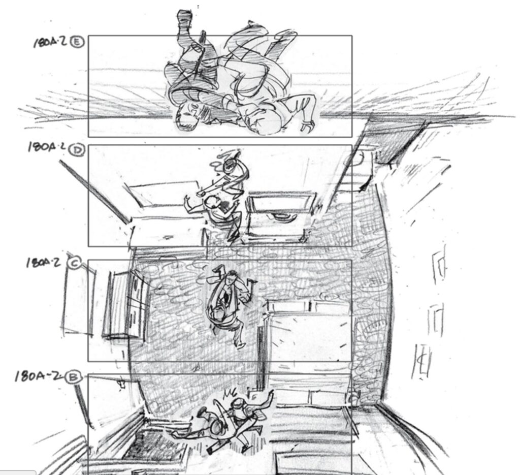 Pencil sketches transformed into a Biteable video, showing sequential comic panels of a character falling down stairs, with multiple views and motion study annotations.