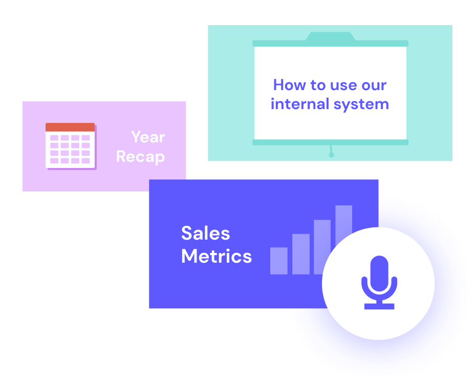 Illustration of three overlapping business presentation icons: a calendar labeled "year recap," a bar graph titled "sales metrics," and a microphone signified by Biteable video maker.