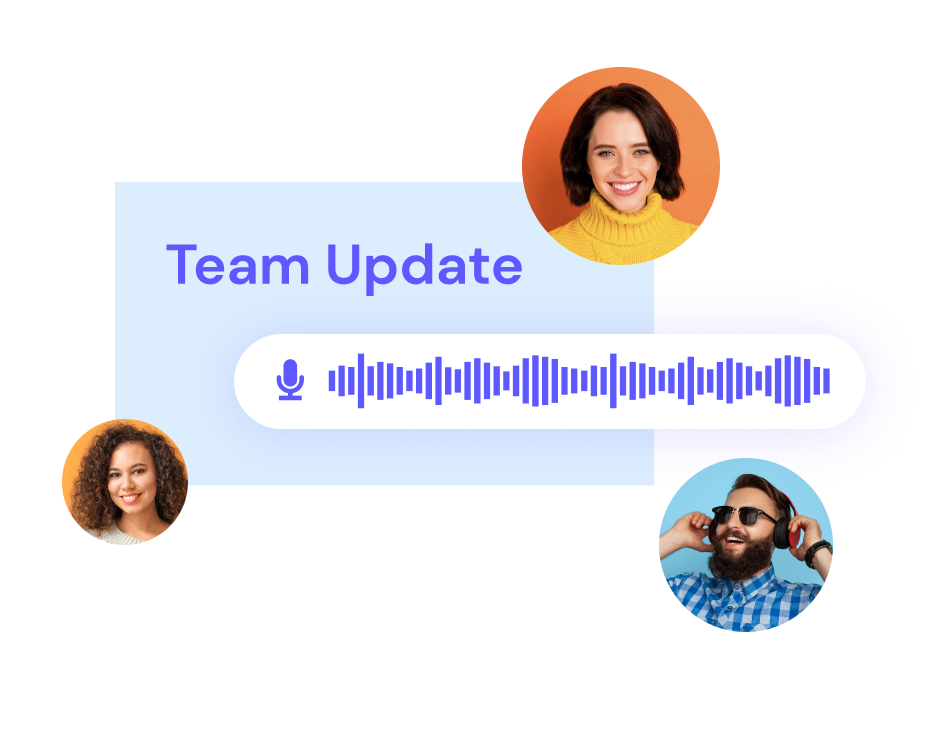A Biteable video maker update graphic with portraits of three smiling coworkers and an audio waveform displayed prominently on a blue background.