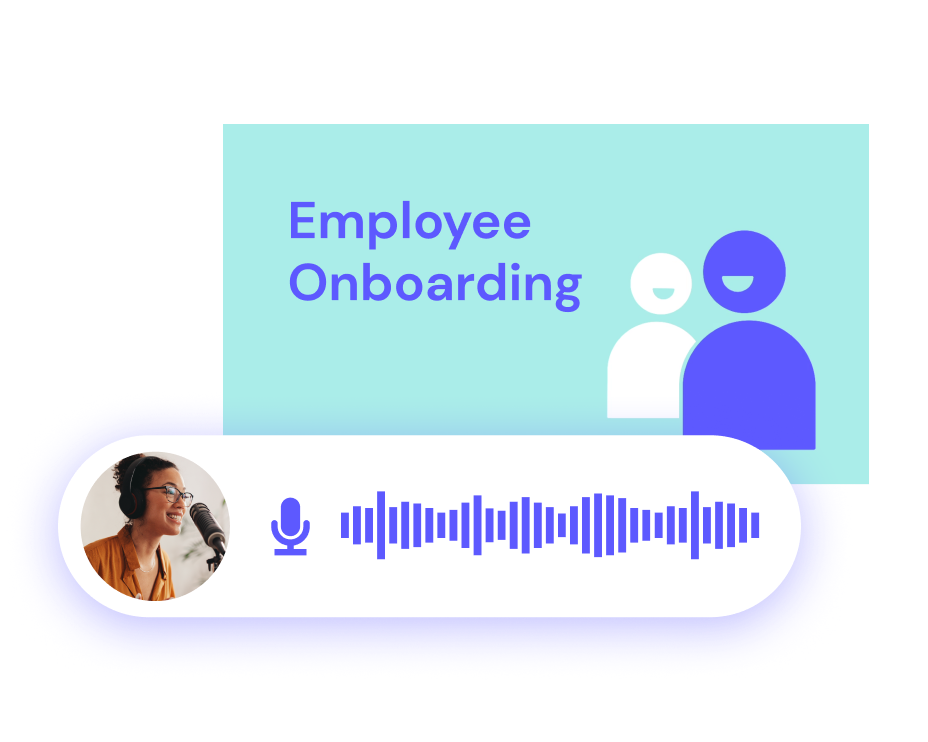 Graphic showing "employee onboarding" with icons of two people, a speaker, and sound waves, emphasizing audio or virtual communication tools created using Biteable video maker.