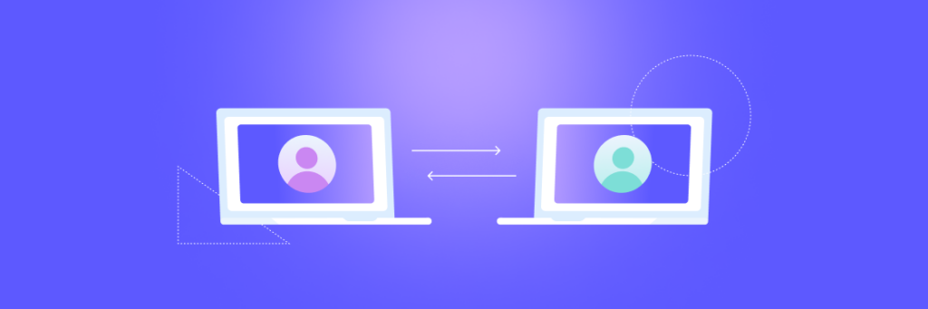 Two laptops transferring a user profile icon through arrows on a Biteable video maker gradient blue-purple background.