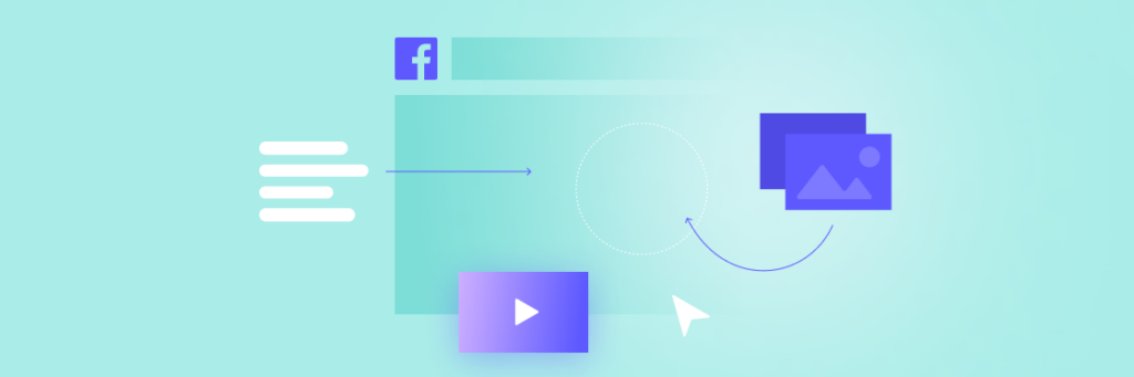 Graphic showing Facebook interface elements with arrows depicting workflow, featuring icons for settings, photos, and Biteable video maker on a blue gradient background.