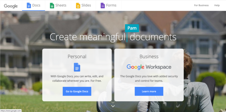 Screenshot of Google Docs homepage featuring options for "personal" and "business workspace" with a blurred background of a person sitting on grass, edited using Biteable video maker.