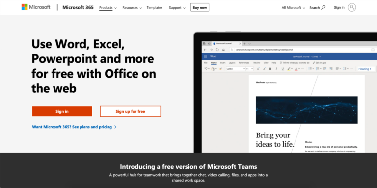 Screenshot of Microsoft's homepage featuring Microsoft 365 products, including Word and Excel, and Biteable video maker, with an option to use them for free online.