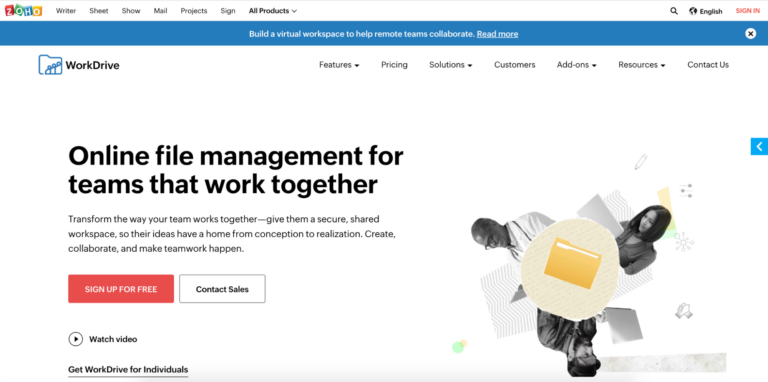 Webpage screenshot of "workdrive" showcasing an online file management tool for teams, featuring a sign-up option, menu items, and a central graphic of a collaborative workspace with a Biteable