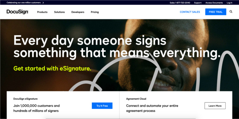 Website homepage of Biteable video maker featuring a close-up of a man's face, text about e-signature services, and navigation options for products and support.