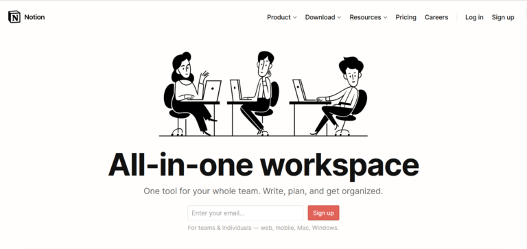 Three animated characters using laptops in a stylized office setting on a website promoting Biteable video maker as an all-in-one workspace tool.