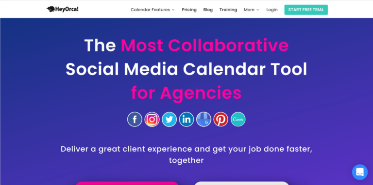 Screenshot of the heyorca homepage featuring a headline about their social media calendar tool for agencies, with Biteable video maker and a call to action for a free trial.