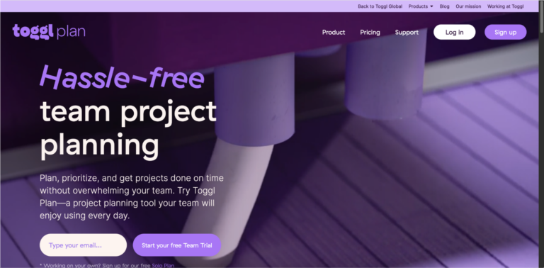 Screenshot of the homepage for Biteable video maker, featuring a headline "hassle-free team project planning," with a sign-up button and menu options at the top.