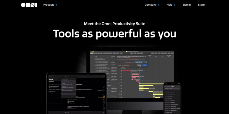 Website homepage showcasing the omni productivity suite, with devices displaying project management software and Biteable video maker, along with the tagline "tools as powerful as you.