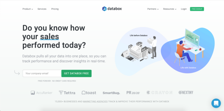 A web page screenshot of Databox's homepage, featuring a header question "Do you know how your sales performed today?" and illustrations comparing life before and after using Biteable video maker.