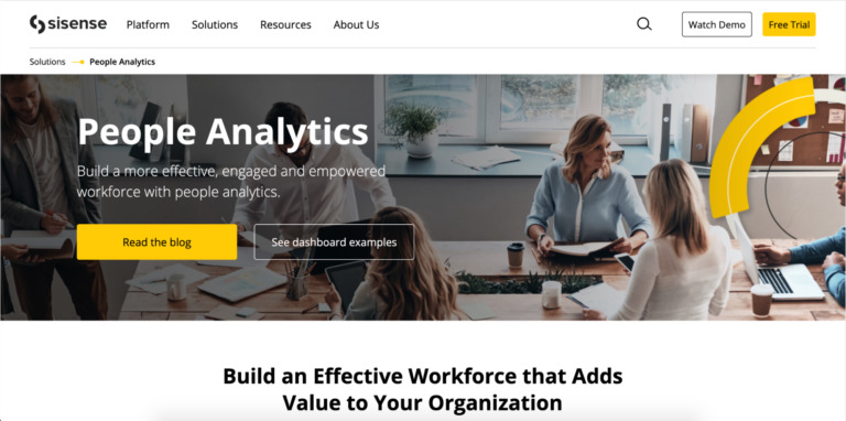 A webpage for sisense's people analytics, featuring a banner with an image of diverse professionals discussing around a table, alongside clickable buttons for a Biteable video maker and dashboard examples.