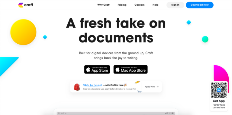 Screenshot of the craft website homepage highlighting the "a fresh take on documents" slogan with download links and a qr code for the app.