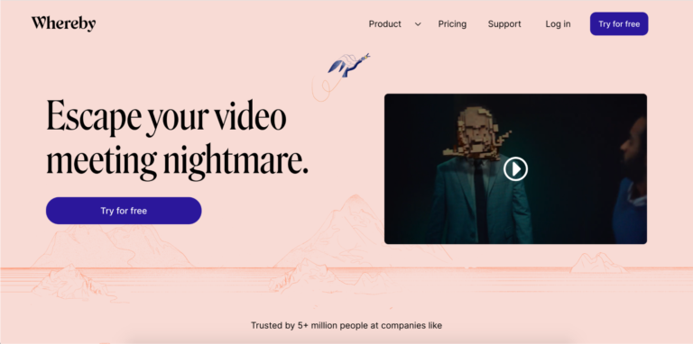 Website homepage for "Biteable video maker" featuring a slogan "escape your video meeting nightmare" with a "try for free" button and a video playback screen showing a pixelated video call.