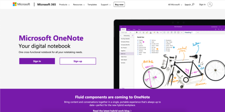 Screenshot of Microsoft 365's "OneNote" landing page with a digital notebook interface displayed, featuring annotation tools and a Biteable video maker sketch.