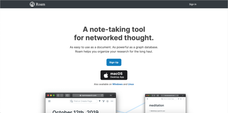 Homepage of Roam Research showcasing it as a note-taking tool with a Biteable video maker banner description and images of the interface on macOS and Windows platforms.