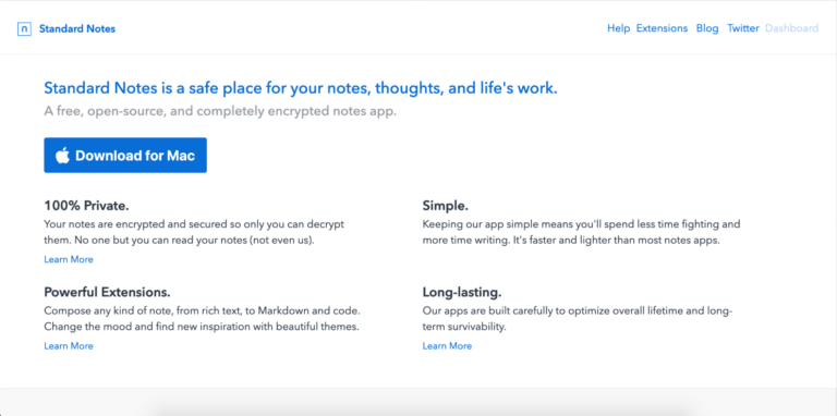 Screenshot of the standard notes website homepage, describing the app’s features such as encryption, simplicity, and extensions, including a biteable video maker and download button for Mac.